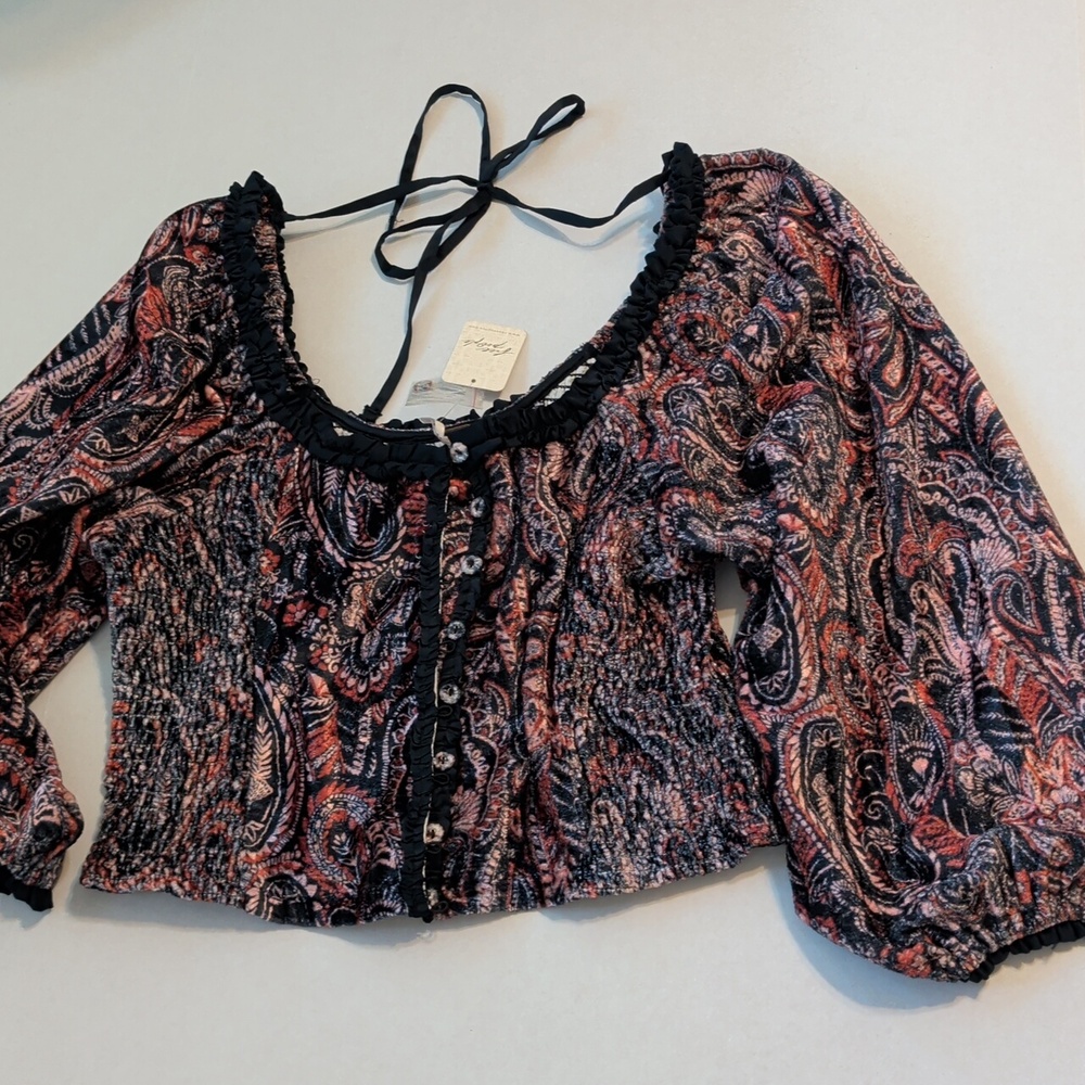 Free People Black and Pink Paisley Smocked Blouse - Picture 5 of 6